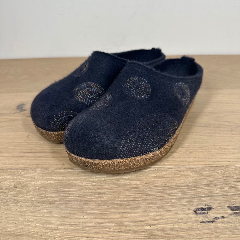 Haflinger Clog Slippers Women's 8 Navy Blue Wool Spiral Embroidery Cork Sole